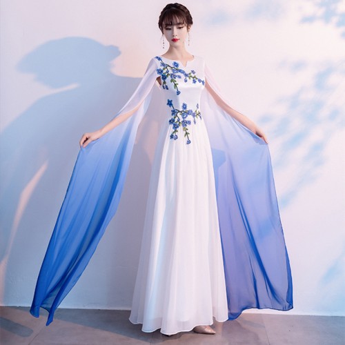 Women blue gradient color Choir stage performance waterfall dresses Chinese style Guzheng model show Costume miss etiquette welcome dress photos shooting fairy dress